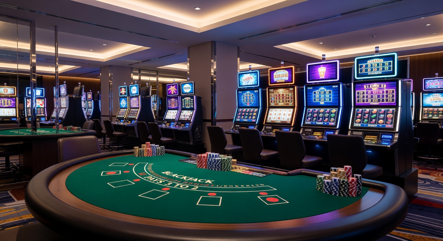 Vibrant casino gaming floor featuring slot machines and table games under bright lights