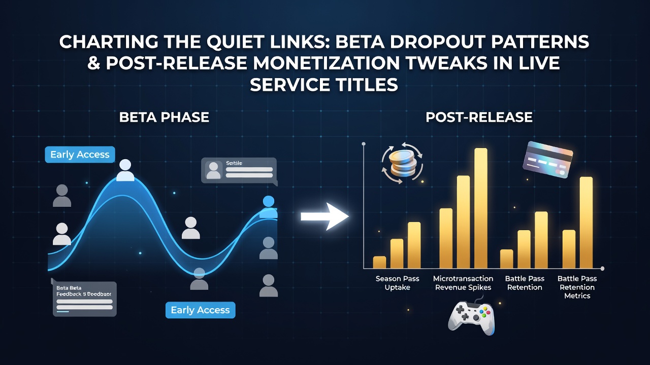 Analytics dashboard displaying beta tester retention curves alongside early monetization adjustment timelines in live service games