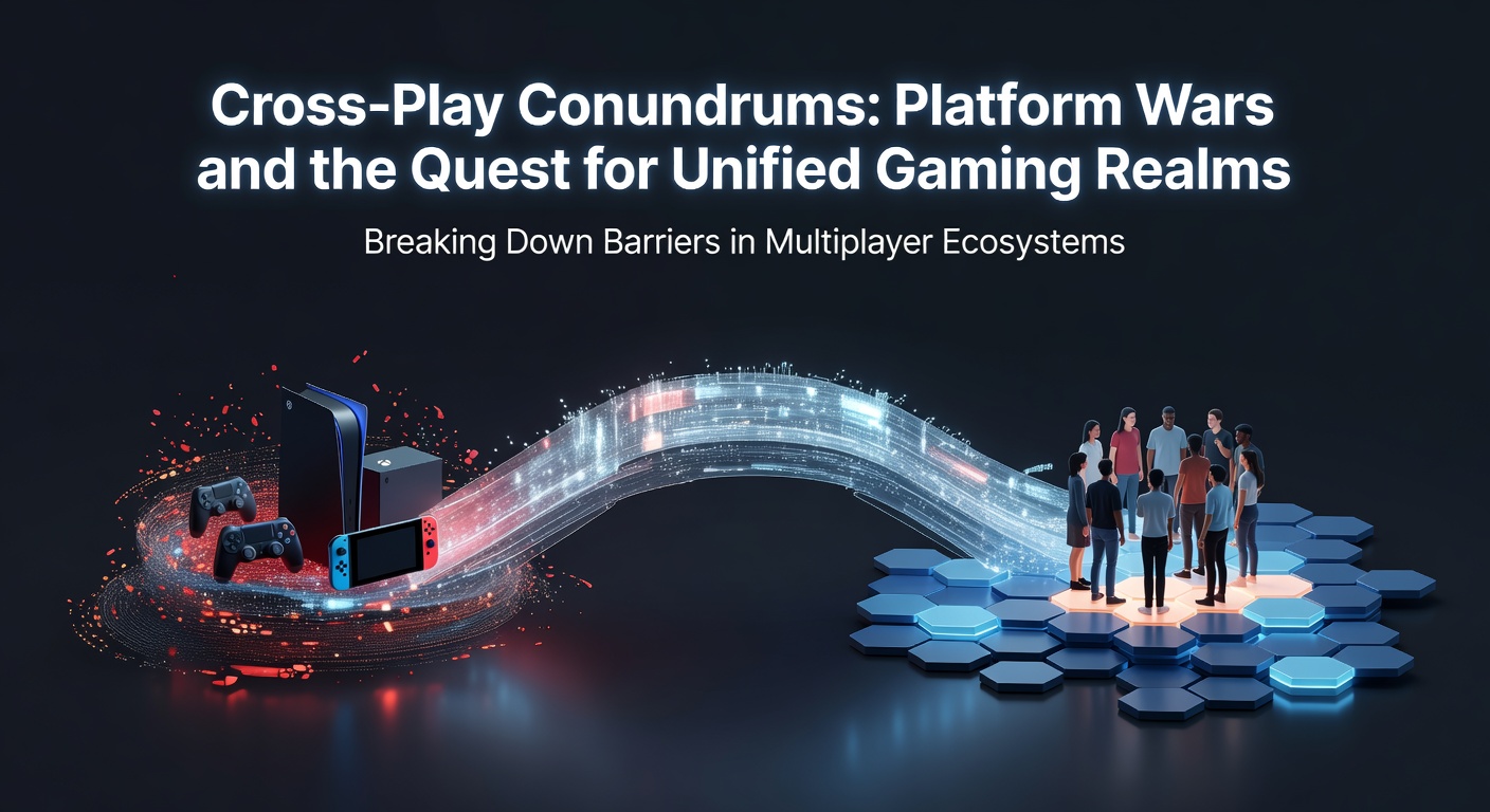 Gamers on diverse platforms connecting in a multiplayer battle, highlighting cross-play unity amid console logos clashing in the background