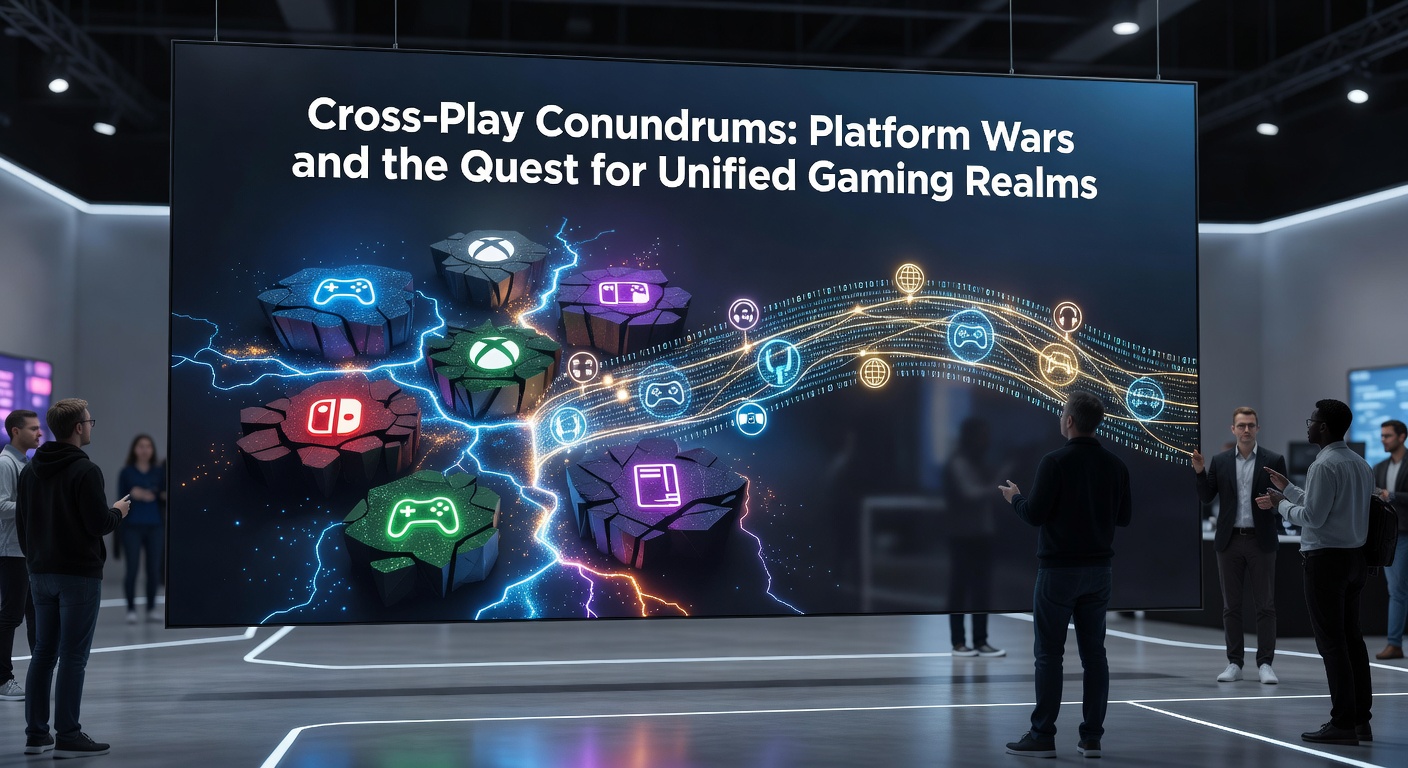 Split-screen view of a cross-play lobby showing PlayStation, Xbox, PC, and Switch players queued together, with progress bars syncing across platforms