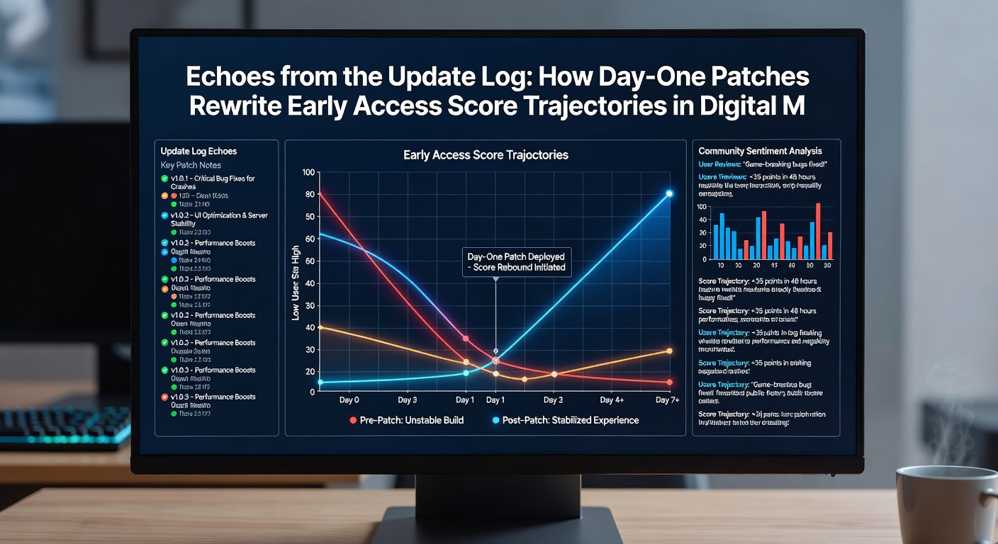 Screenshot of a digital marketplace dashboard displaying review score trends alongside update timestamps for an early access title