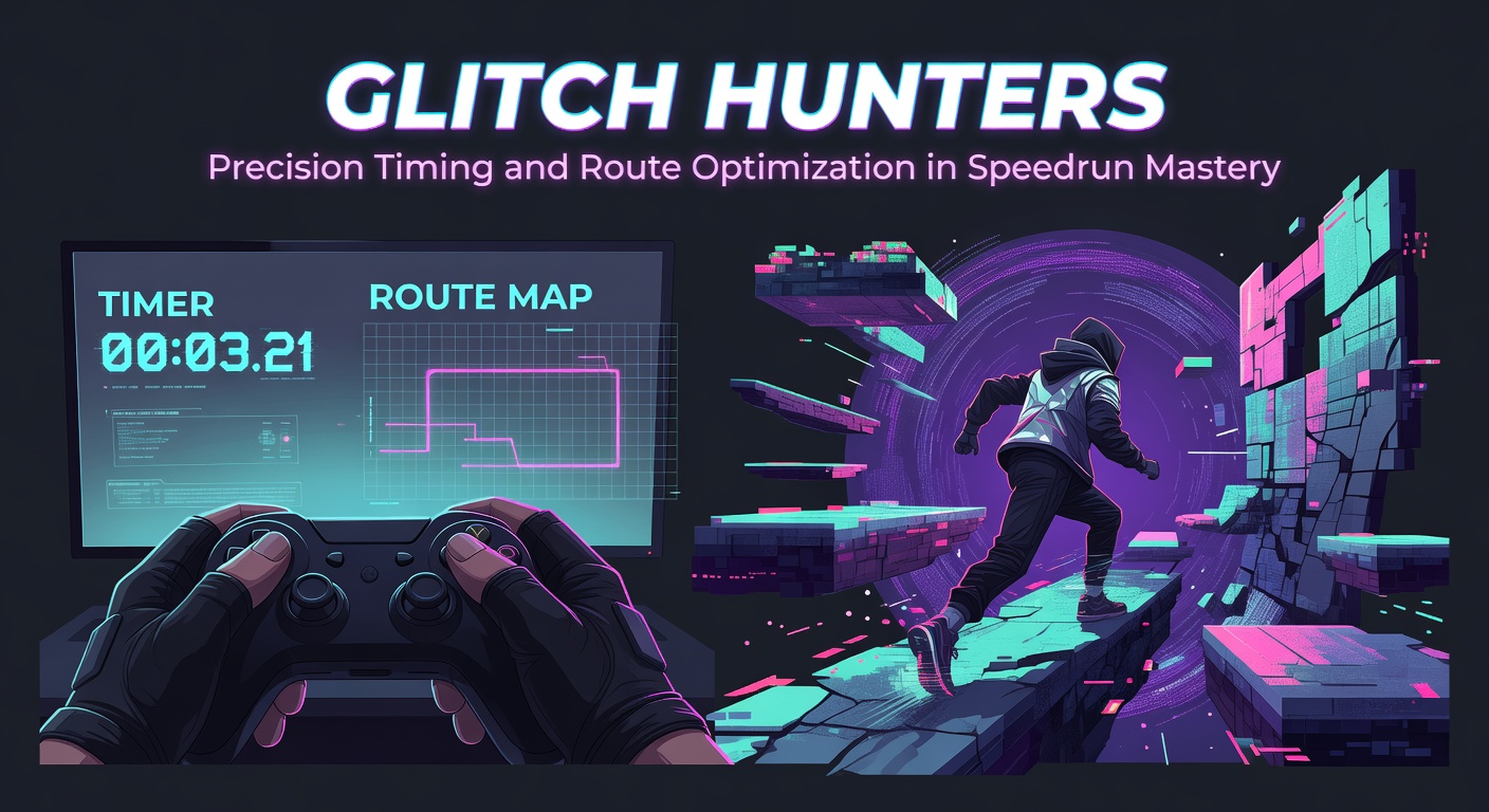 A speedrunner executes a frame-perfect glitch in a classic platformer, screen split showing precise timing overlays and route maps