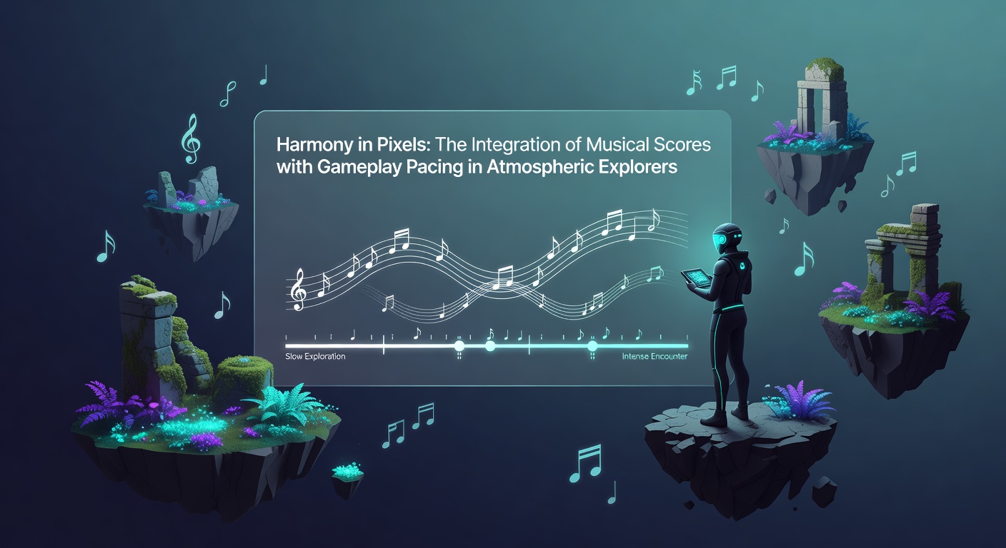 Atmospheric explorer game scene with layered musical notation overlay on serene landscape