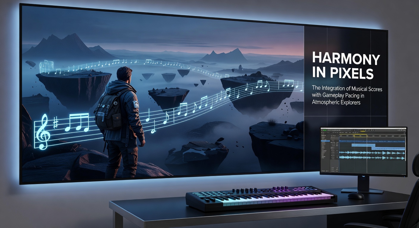 Close-up of in-game UI showing dynamic music layers syncing with explorer avatar movement through misty valley