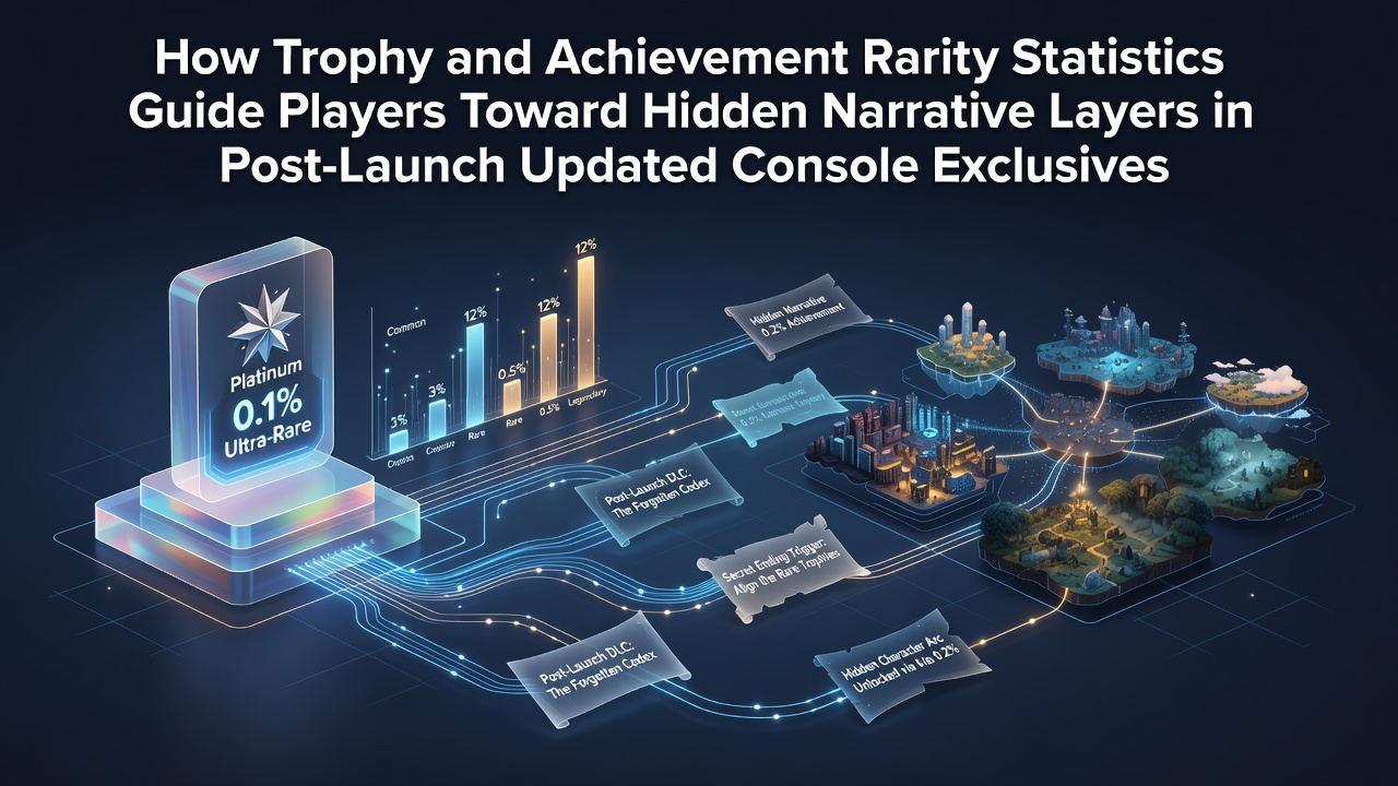Console exclusive game interface displaying trophy rarity percentages alongside narrative unlock indicators