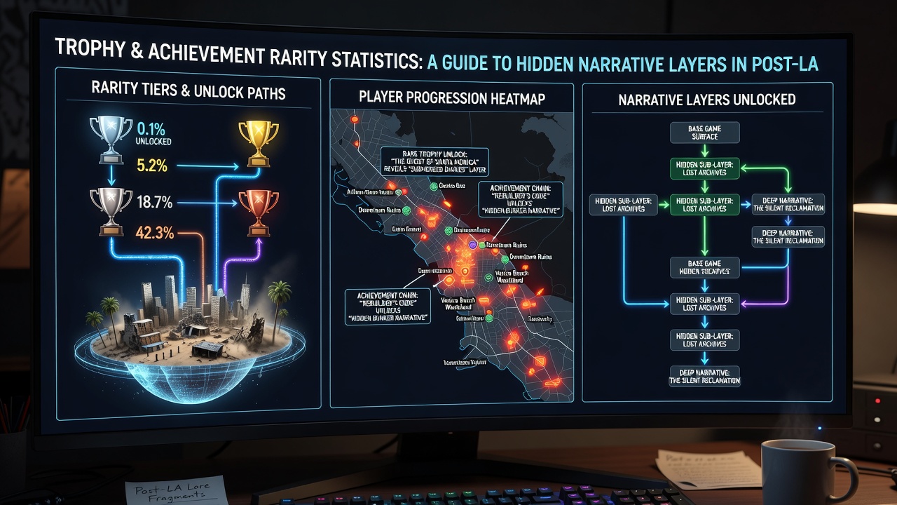 Player dashboard showing achievement lists with rarity filters applied to reveal hidden story branches