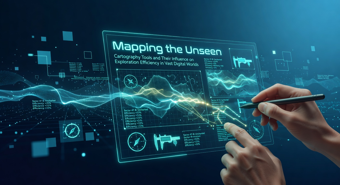 Digital cartography interface displaying procedurally generated terrain layers and player-tracked waypoints in a vast virtual environment