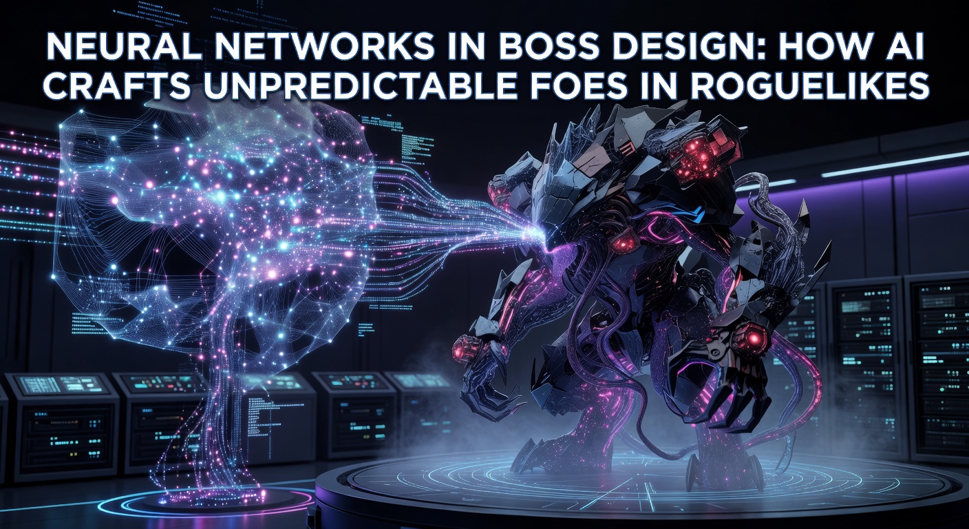 Visualization of a neural network generating dynamic boss attack patterns in a roguelike dungeon, with glowing nodes connecting player actions to enemy responses