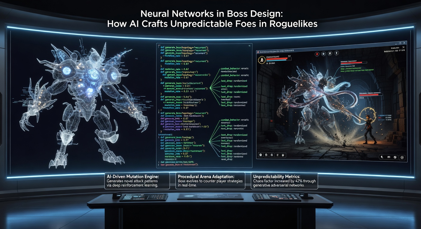 Screenshot of a roguelike boss fight where AI-driven enemy adapts mid-battle, unleashing a unique combo attack amid procedurally generated arena hazards