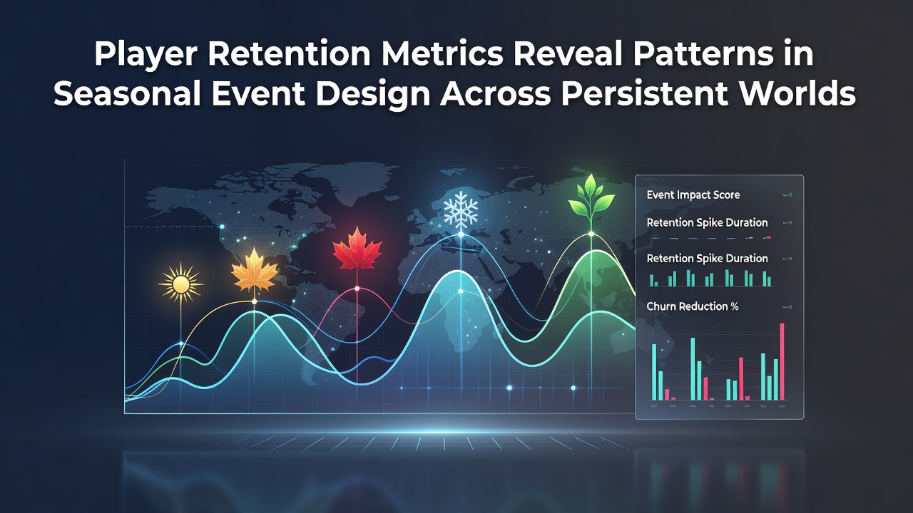 Analytics dashboard displaying player retention curves aligned with seasonal event timelines in persistent online worlds