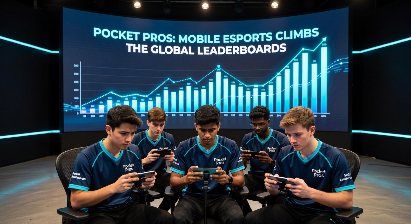 Throngs of fans at a packed mobile esports arena, smartphones glowing in the dark as players compete on massive screens