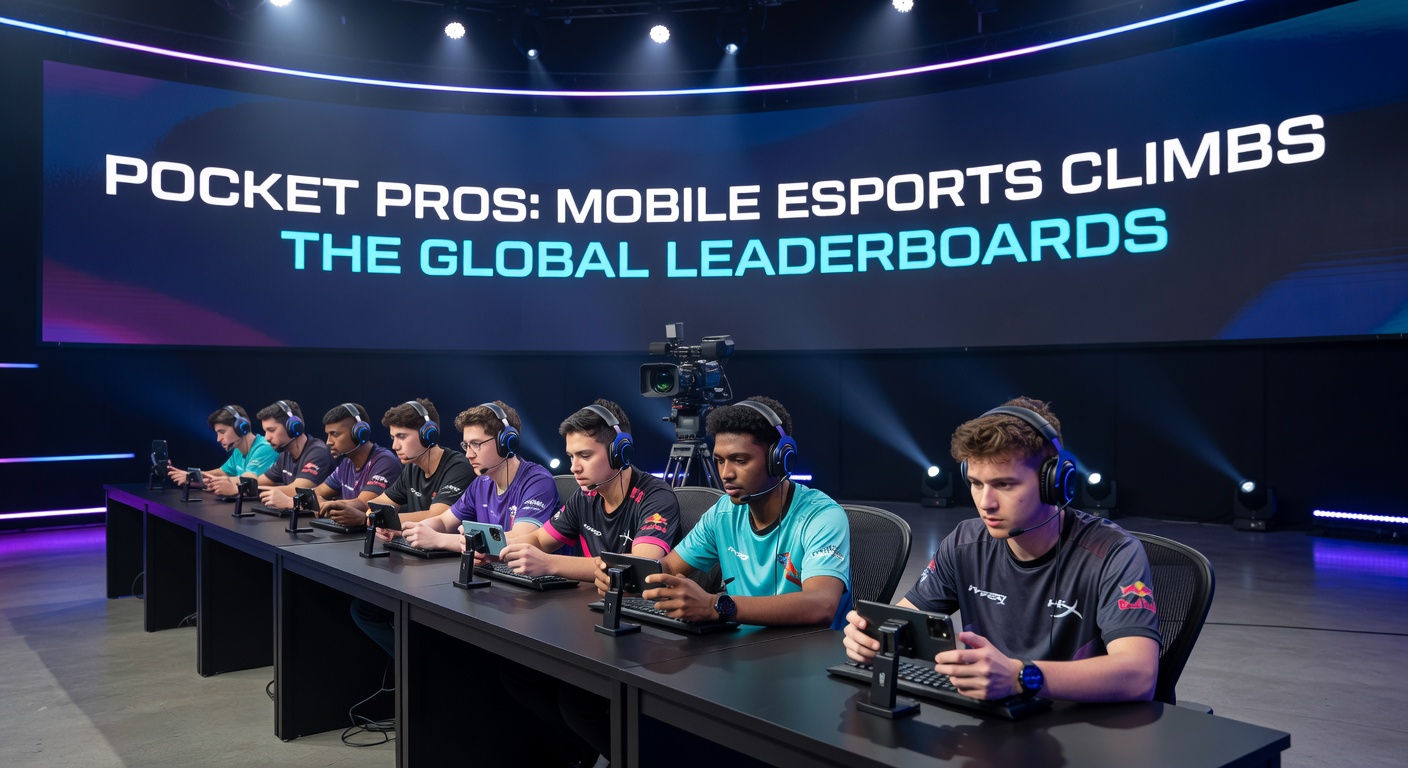 A close-up of a mobile esports pro mid-match, fingers flying across a smartphone screen with holographic overlays showing kill feeds and mini-maps