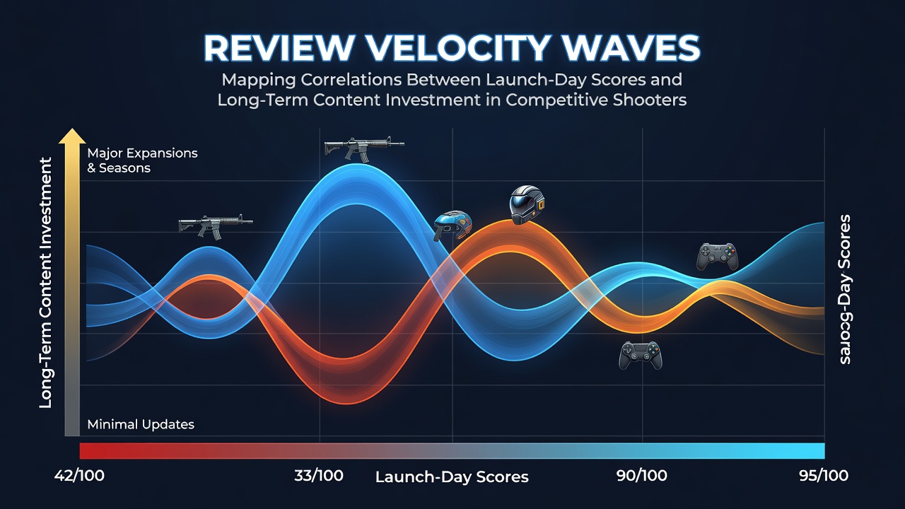 Graph showing launch-day review scores plotted against months of post-launch content updates for several competitive shooters