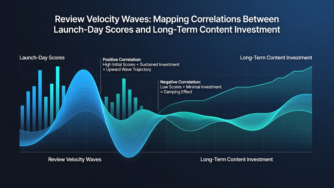 Timeline chart comparing content update volume for shooters grouped by launch review score brackets from 2023 through mid-2026