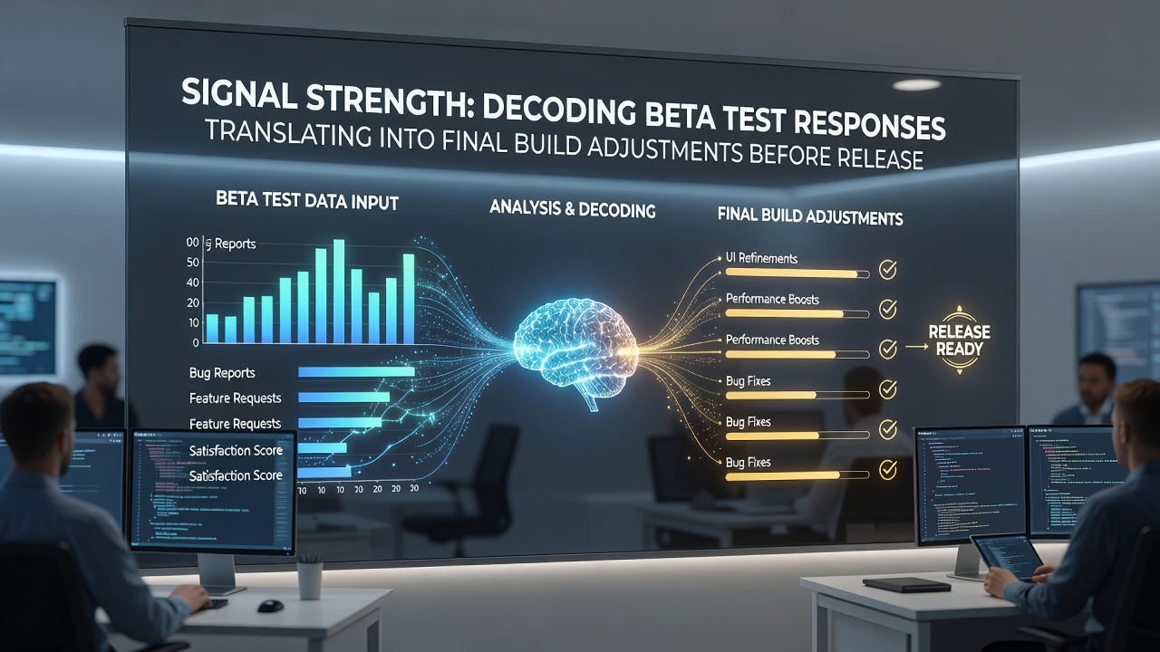 Beta testing dashboard showing player feedback metrics and response heatmaps from a multiplayer title