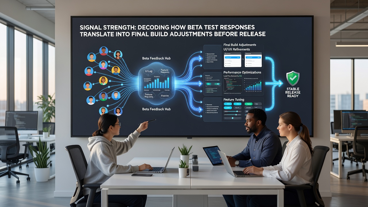 Development team reviewing beta analytics on multiple monitors during a late-stage build review