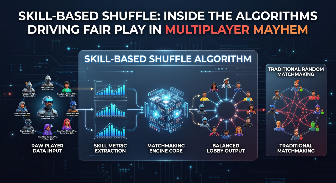 Dynamic visualization of a skill-based matchmaking algorithm balancing multiplayer teams in real-time, showing player skill ratings shuffling into fair lobbies
