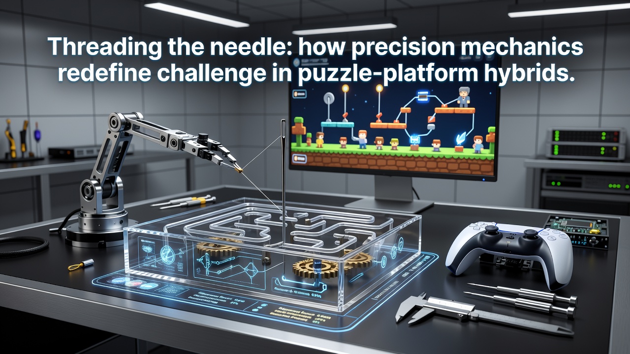 Close-up view of a character threading through narrow gaps while manipulating puzzle objects in real time