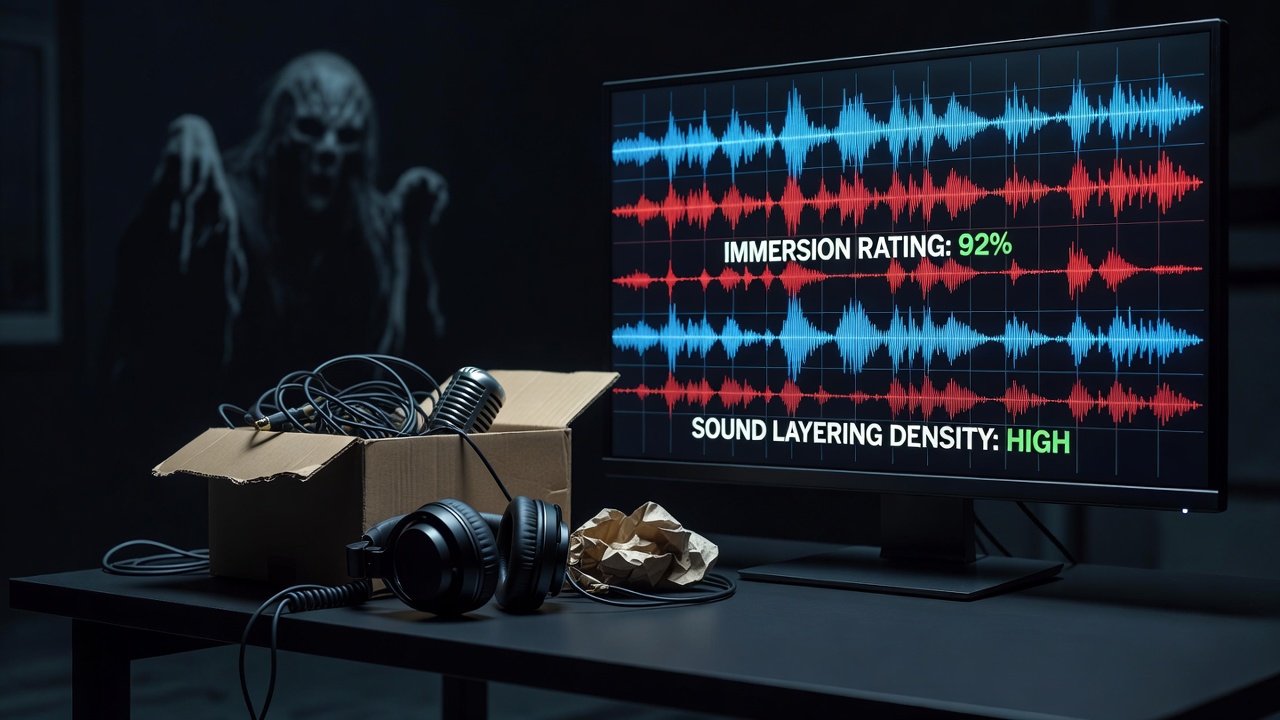 Detailed visualization of layered audio tracks in a horror game environment showing ambient drones, subtle effects, and sudden audio peaks