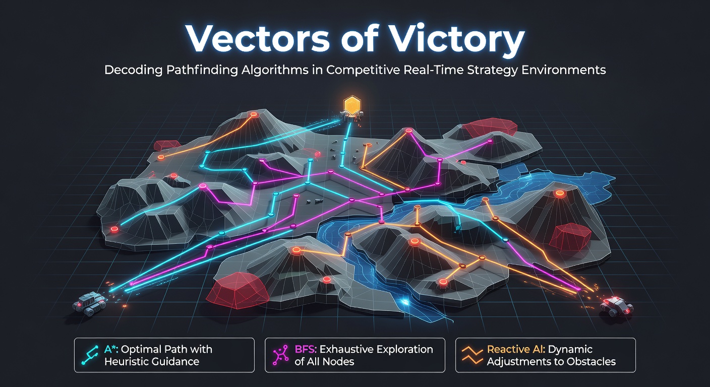 Visualization of pathfinding vectors overlaid on an RTS battlefield map showing unit routes around obstacles
