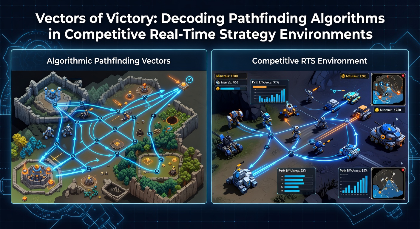 Close-up of navigation mesh polygons and flow field arrows guiding multiple unit groups in a competitive RTS scenario