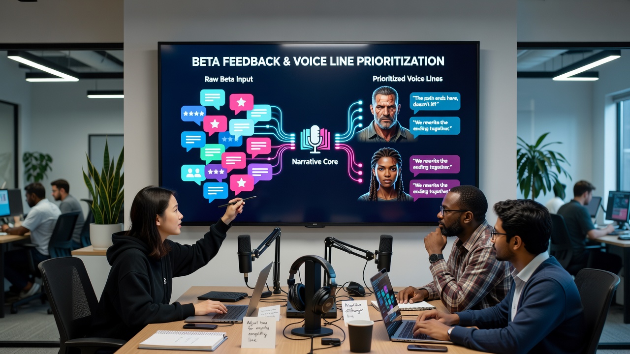 Developers reviewing player feedback logs from a narrative game beta session in a studio environment